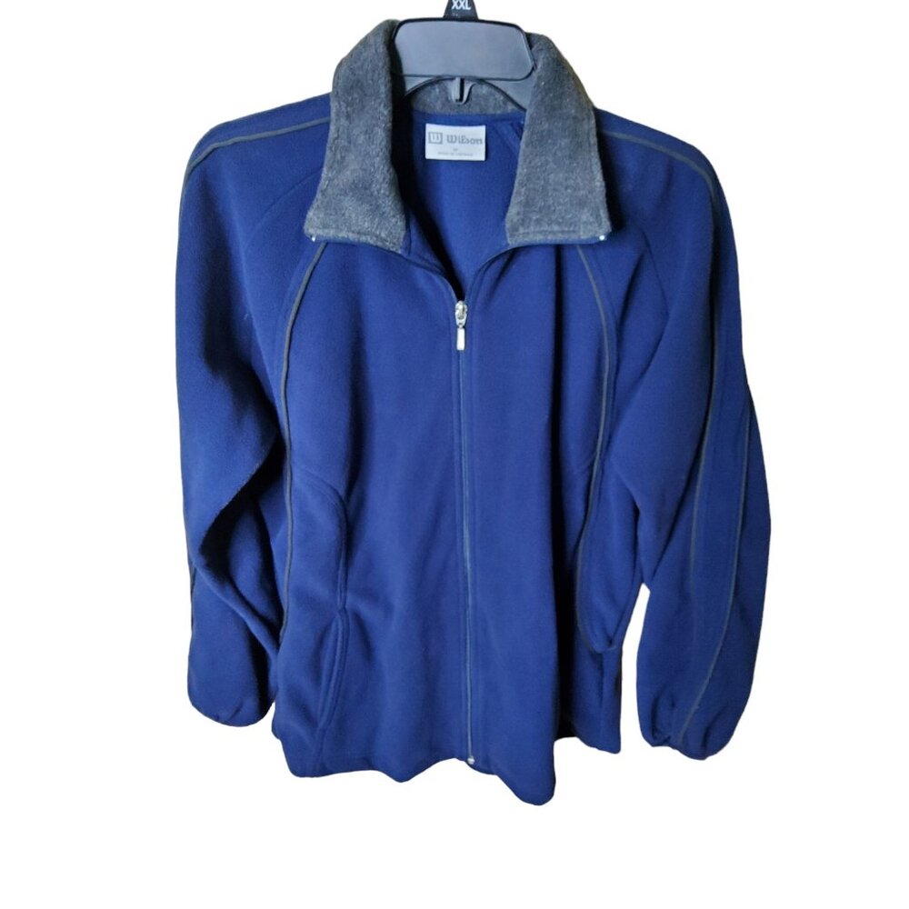 mens wilson fleece zip front blue/grey long sleeve 2 pocket jacket size med.